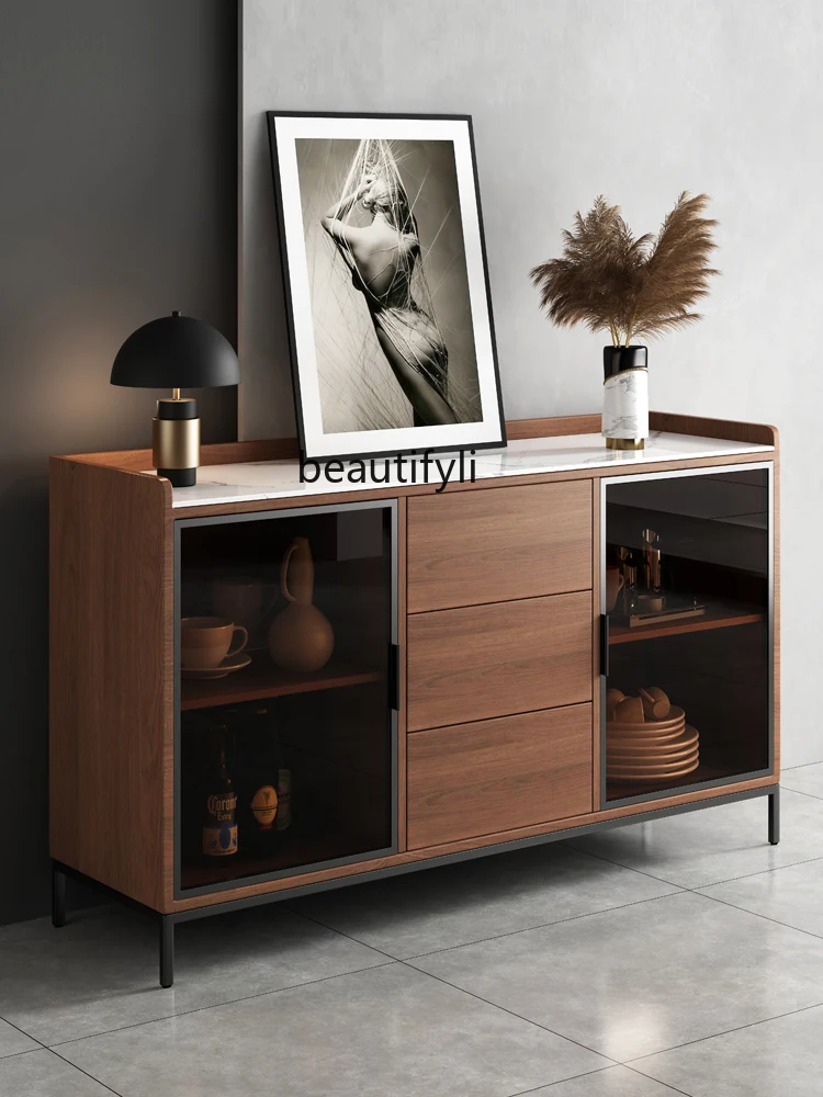 

Modern Minimalist Stone Plate Sideboard Cabinet Walnut Color Storage Cabinet Solid Wood Living Room Wall Integrated Hallway