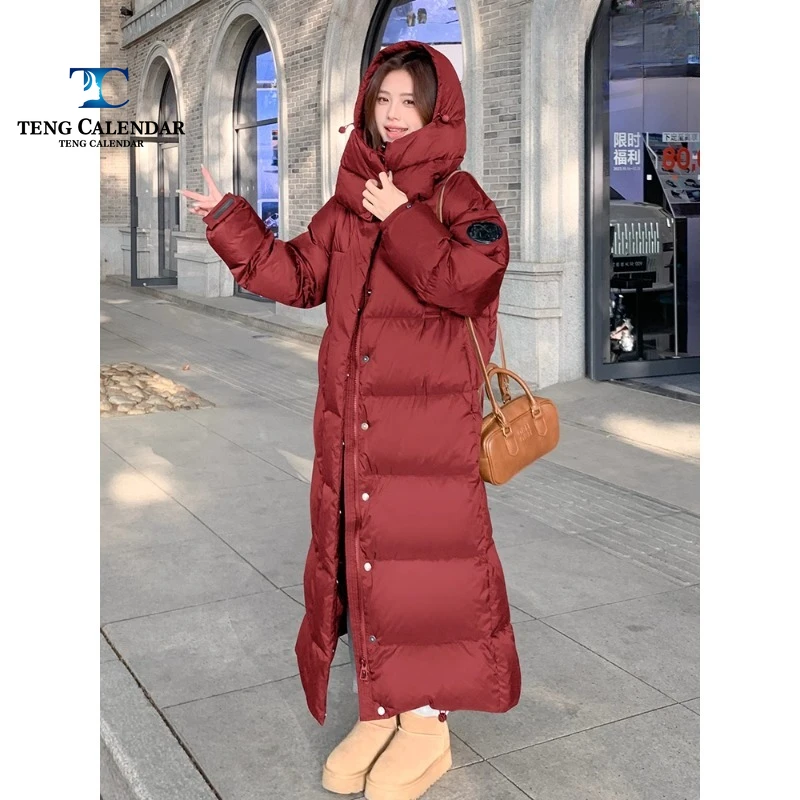 Winter Down Jacket, High-end Red Long Style with Knee High Thickness, 90 White Duck Down Bread Jacket, Women's 2024 New Model