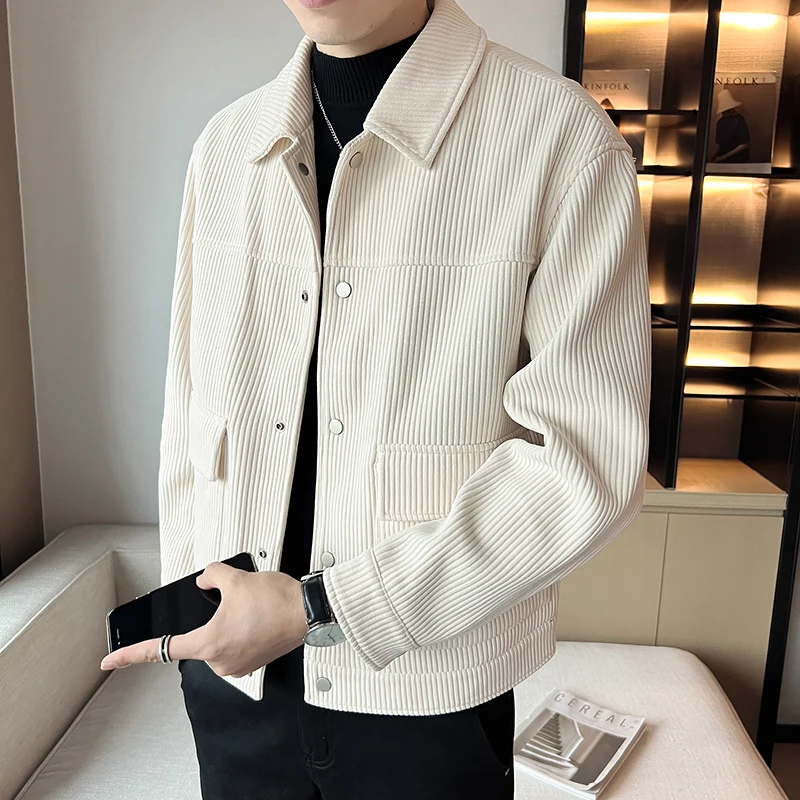 

New 2023 Men's Corduroy Jaet Spring Autumn Korean Sle Collar Trendy Casual Outerwear Coat Breathable Long Sve Outerwear