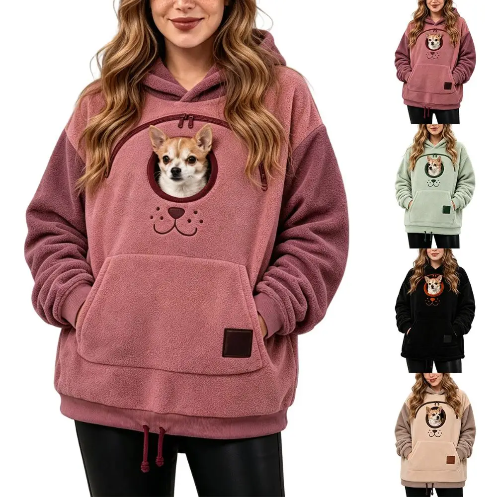 Pet Friendly 3D Printed Fleece Hoodies Oversized Warm Fleece Pet Pouch Hoodie Long Sleeve Solid Color Christmas Hoodies Men