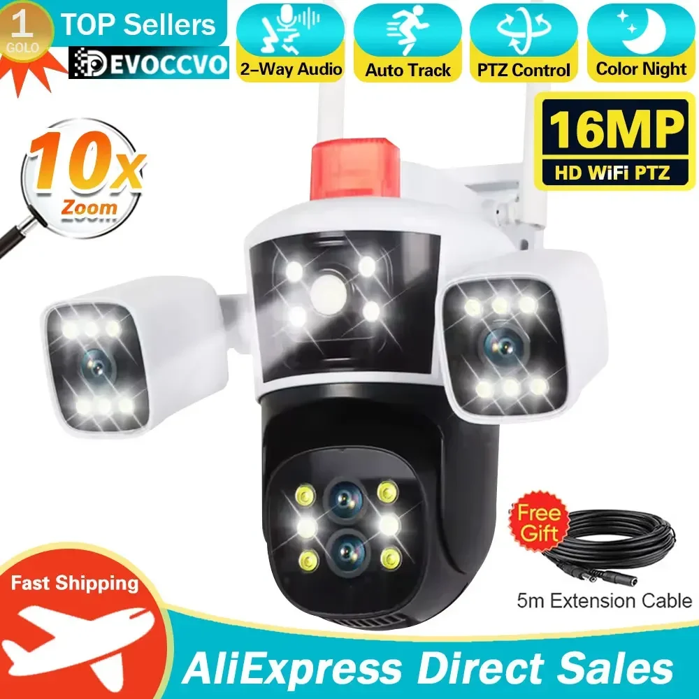 

16MP 8K Security Protection Camera WiFi Outdoor 10X Zoom Four Lens Three Screens CCTV Video Surveillance Auto Tracking PTZ Cam