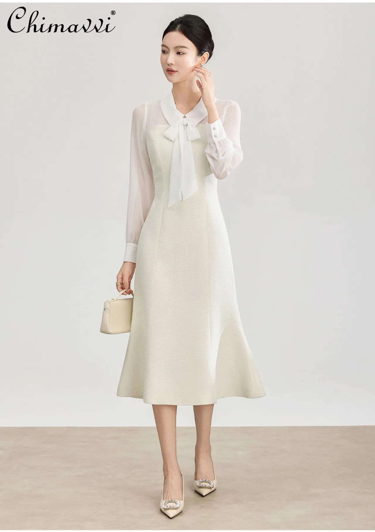 

French Style Elegant Fashion White Fishtail Dress Lace-up Bow Polo Collar Long Sleeves High Waist Sequin Evening Dress for Women