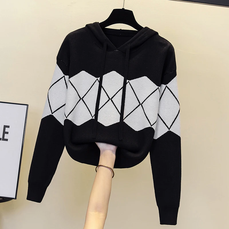 Plus Size L -4XL Hooded Sweater For Women Long Sleeve Plaid Knitwear Female Fashion Korean Tops Pullovers Y2K Winter Clothing