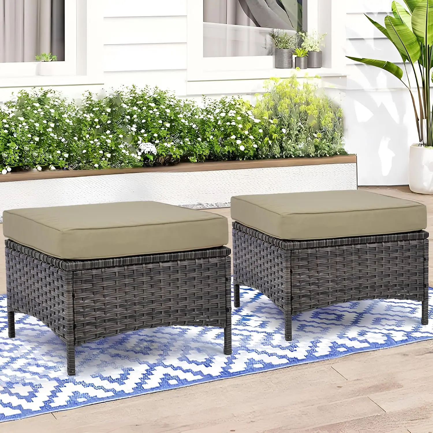 Outdoor Patio Ottoman Set 2pcs All-Weather PE Rattan Wicker Steel Frame Backyard Porch Poolside, Customized