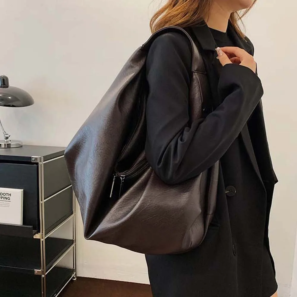 

Shoulder Bag Casual PU Dumpling Bag Retro Soft Large Capacity Underarm Bag Anti-splash Water Solid Color Tote Bag Daily