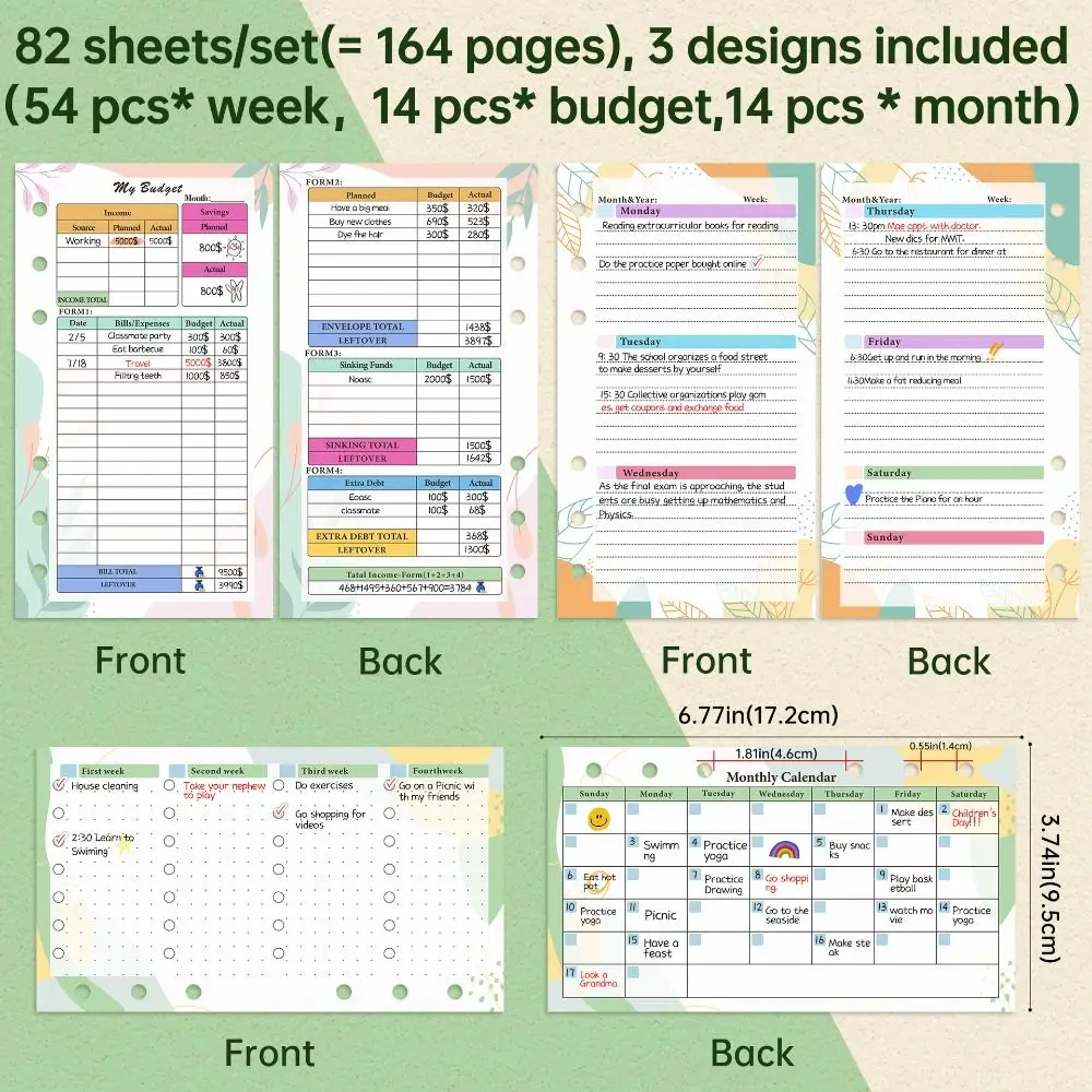 82 листа формата А6, набор сменной бумаги с внутренними листами, красочные зеленые растения, бюджетный стол, набор индексных страниц для блокнота, бюджетный лист с 6 отверстиями