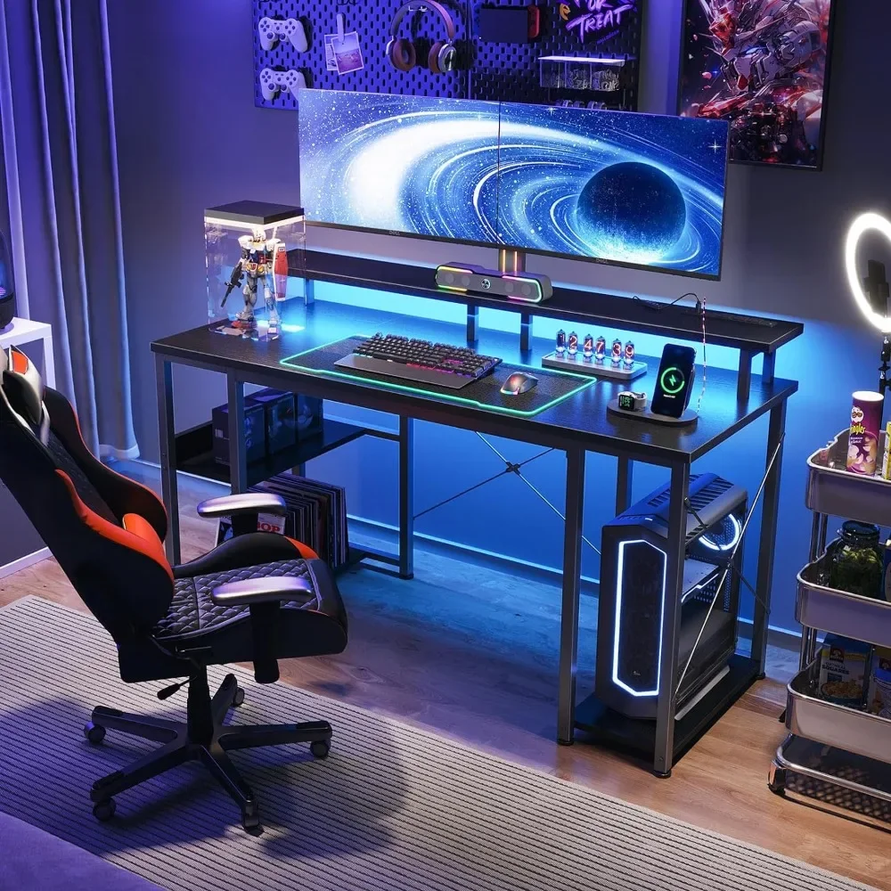 

Computer Desk, 48 Inch Gaming Desks with LED Lights & Power Outlets, with Monitor Stand & Storage Shaves, Computer Desk