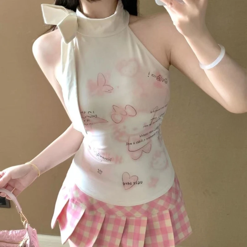 

Sanrio Hello Kitty T-shirt Cartoon Cute Woman Sleeveless Slimming Sleeveless Hanging Neck Top Summer Fashion Hot Girls Tank Top