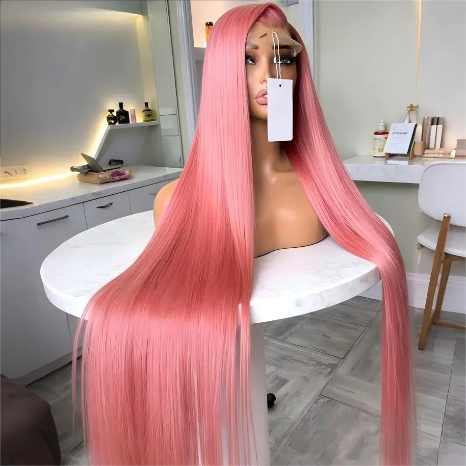 

Pink Wig 13x4 HD Bone Straight Lace Front Wig Pre Plucked Glueless Synthetic And Blend Lace Wigs Cosplay On Clearance For Women