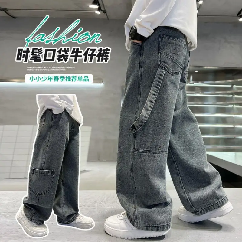 Teenage Boys Cargo Jeans Spring Autumn New Kids Wide Leg Denim Pants for Children Loose Pockets Trousers 5 7 9 11 13 15 Year old