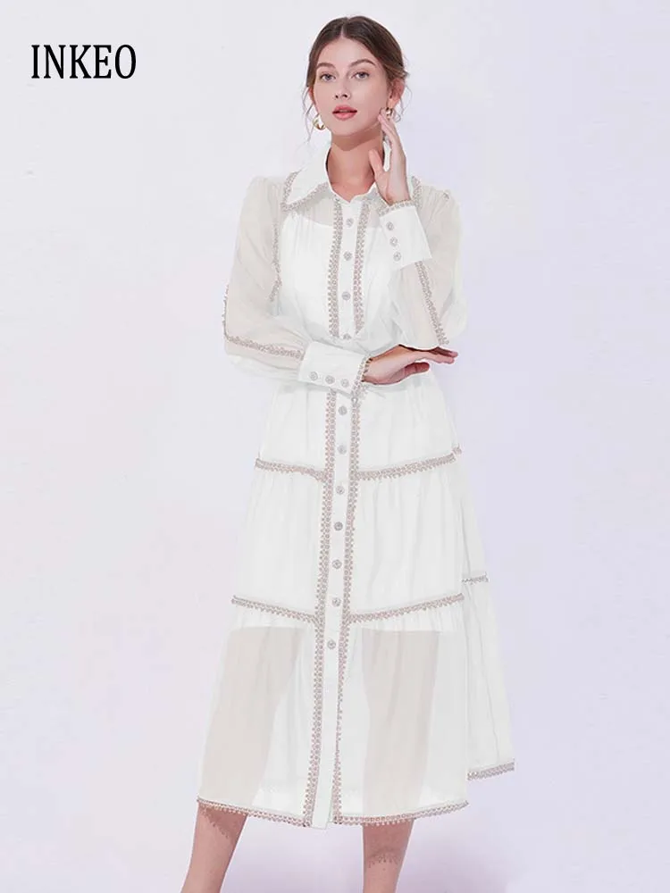 

Vintage Lace chain Long shirt dress with sashes 2025 New See-through Long sleeve Midi dresses Luxury Spring Summer INKEO 5D128