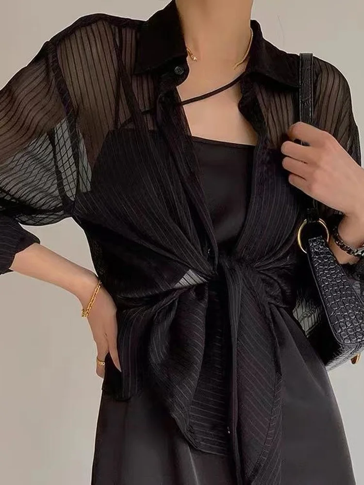 2024 New Women Striped Blouse Shirts Fashion Black See Through Button Turn-down Collar Top Harajuku Oversized  Sexy Shirt