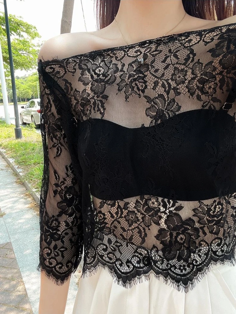 

Summer Women Lace Floral Embroidery Blouses Shirt Ladies Tops Sexy Mesh Blouses Transparent Elegant See-through Black Shirt
