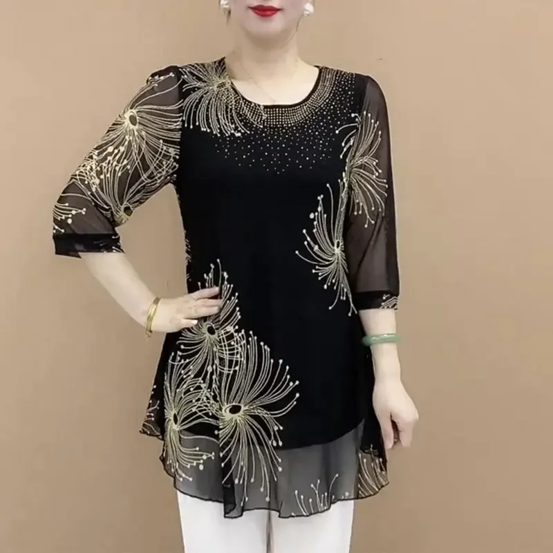 

Abbigliamento Femminile Camicia Stampata Elegante Vintage Primavera Estate Pendolarismo Casual O-Collo Allentato Chic Z49