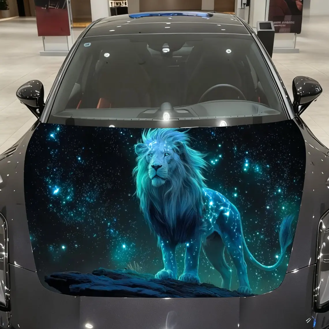 

Azure Starfield Majestic Lion Car Vinyl Wrap, PVC Material Waterproof Car Hood Sticker, Self-Adhesive Scratch-Resistant Stickers