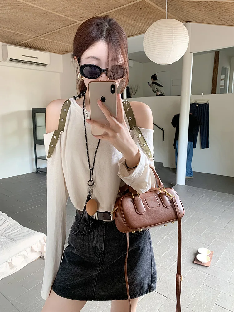 

Современный длинный све с плечом Bared T irt, женский свободный крой, повседневный вязаный тканевый топ, сладкий крутой весенний новый дизайн