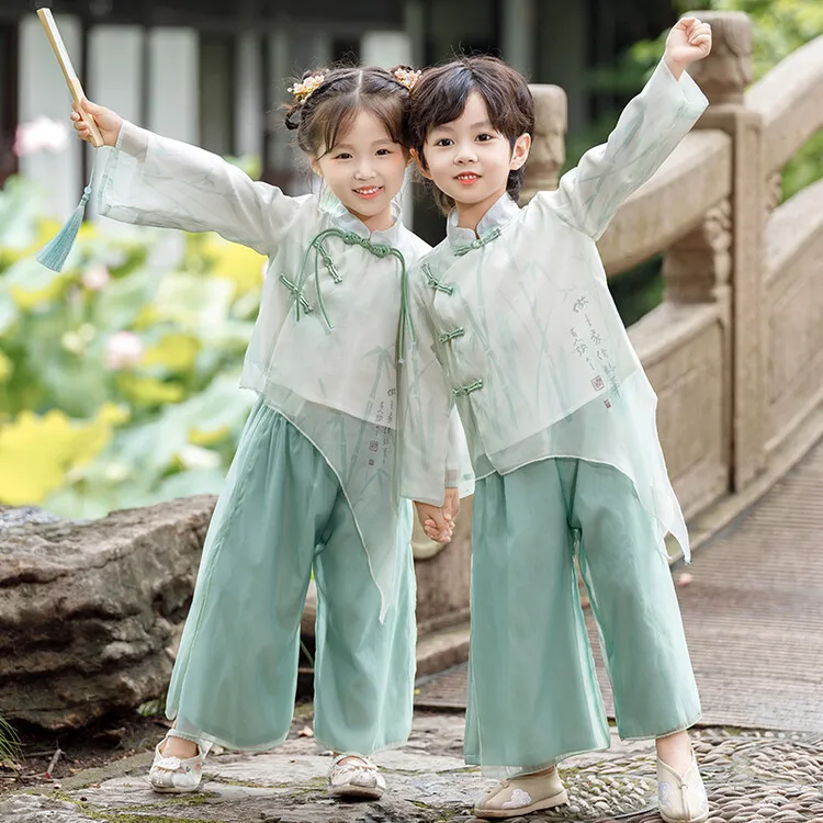 

Children's Performance Clothing: Boys' Hanfu Girls' Tang Attire: Chinese Style Retro School Kinder Spring And Autumn New Suit