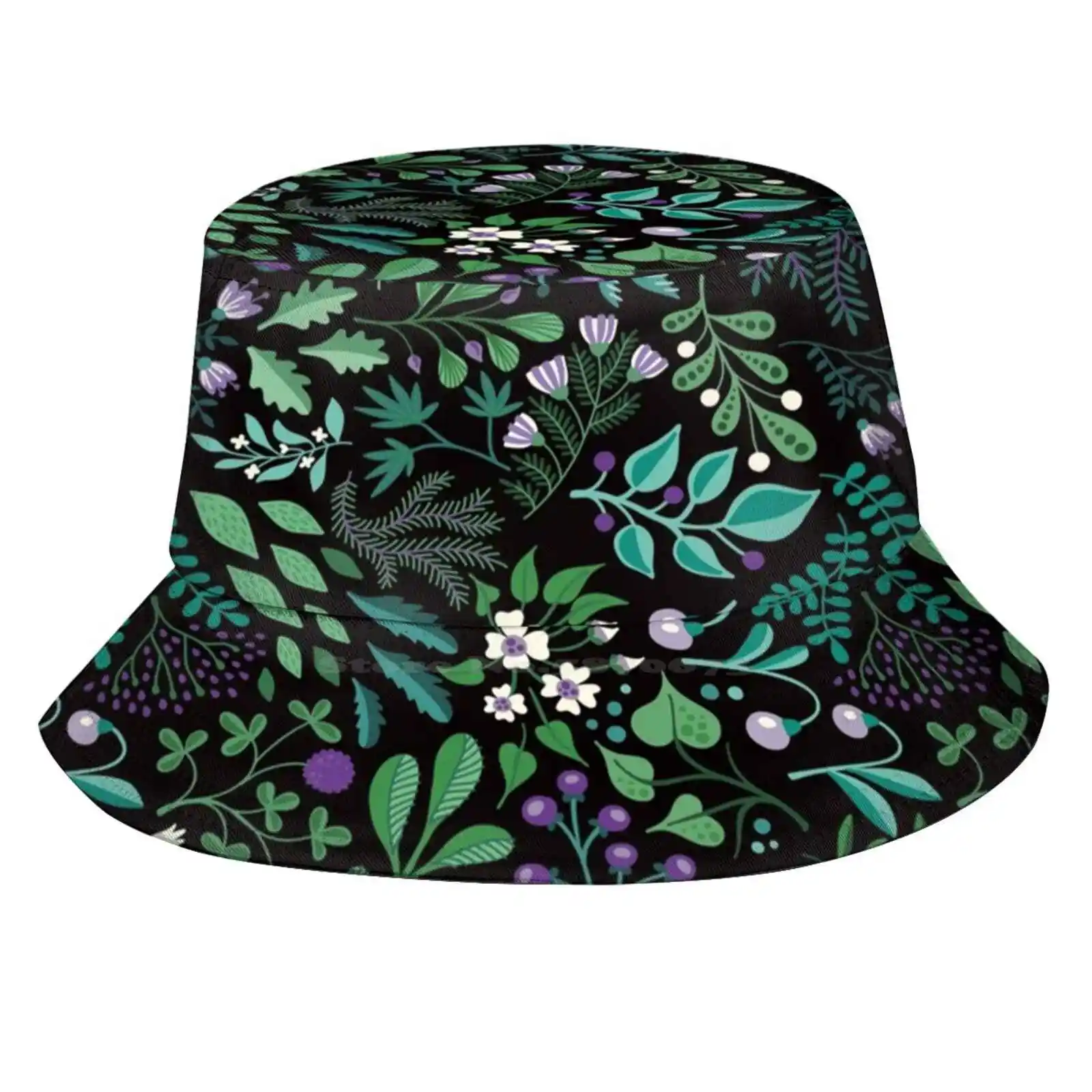 Botanical Herbs Sun Cap Fisherman Hat Bucket Hats Herbs Plants Black Botanical Flowers