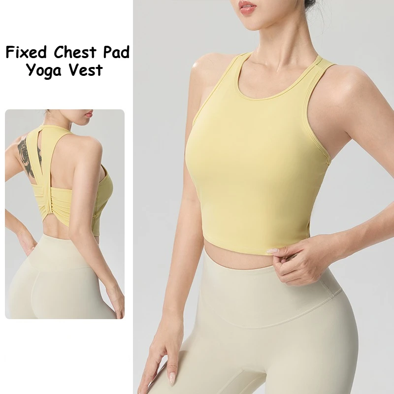 Women's Yoga Vest Gym Tank Top with Built-in Bra Twist Backless Sports Crop Top Sleeveless Workout Running Fitness Shirt Women