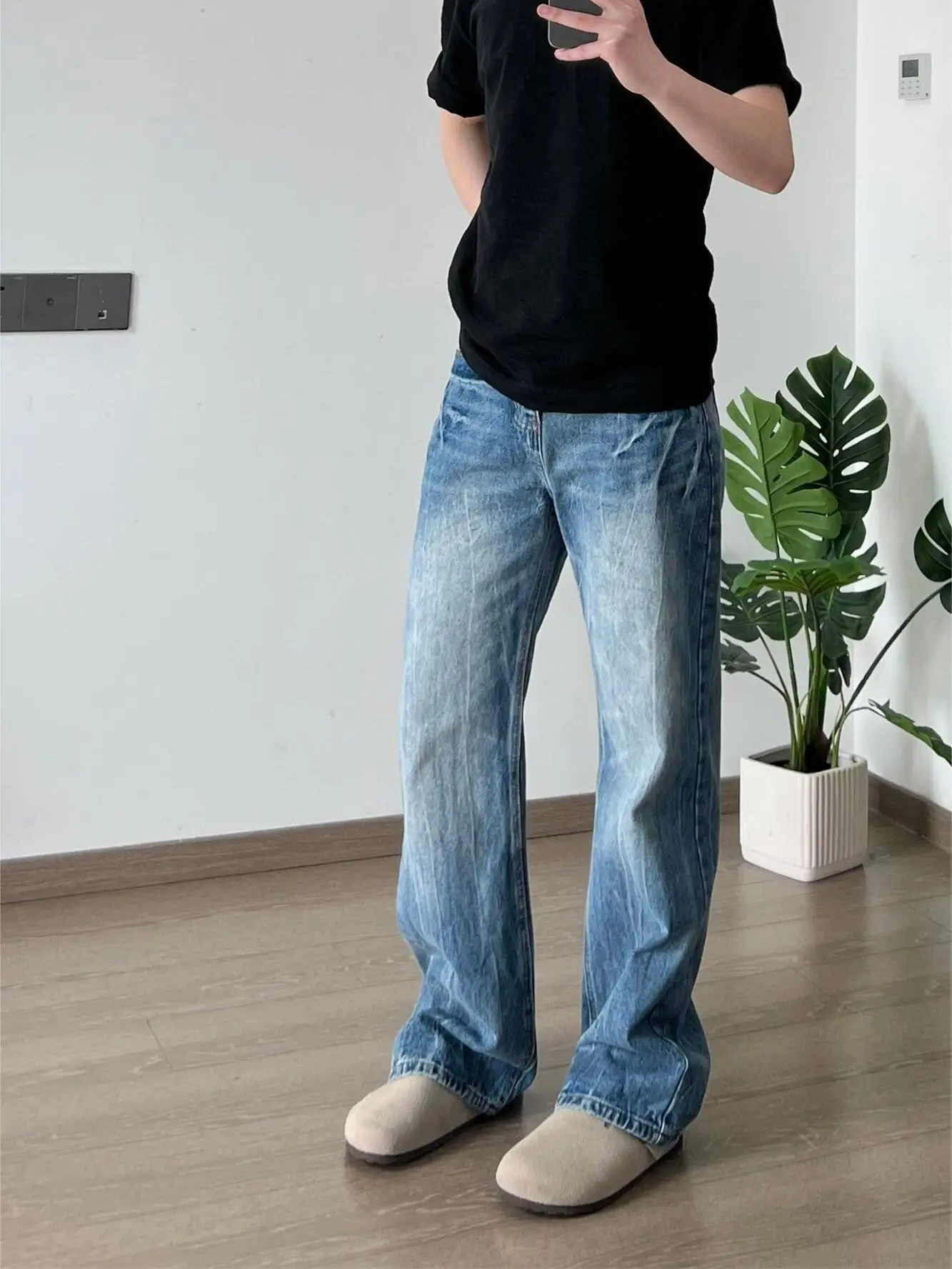 

Cleanfit Vintage Waed American High Street Lightning Cra Pattern Men's Straight Leg Jeans Slimming Long Pants Casual Denim