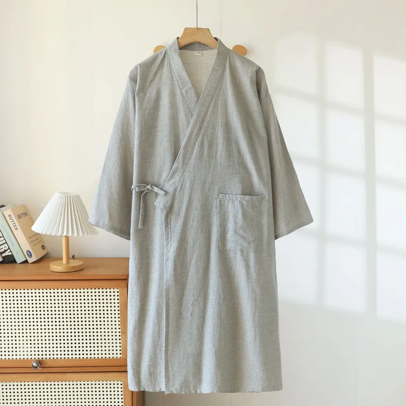 2026 New Spring and Autumn Men's Sleeping Robe Cotton and Hemp Large Loose Bathrobe Thin Breathable Solid Color Home Robe