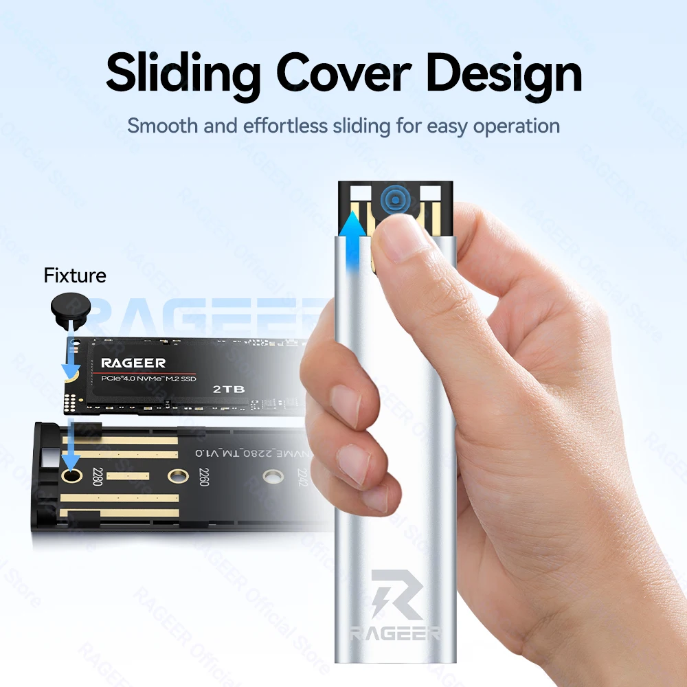 Корпус SSD RAGEER M.2 NVMe — неинструментный алюминиевый сплав RTL9210CN USB Type-C, 10 Гбит/с, поддерживает до 2 ТБ, поддерживает твердотельный накопитель 2280/60/42/30