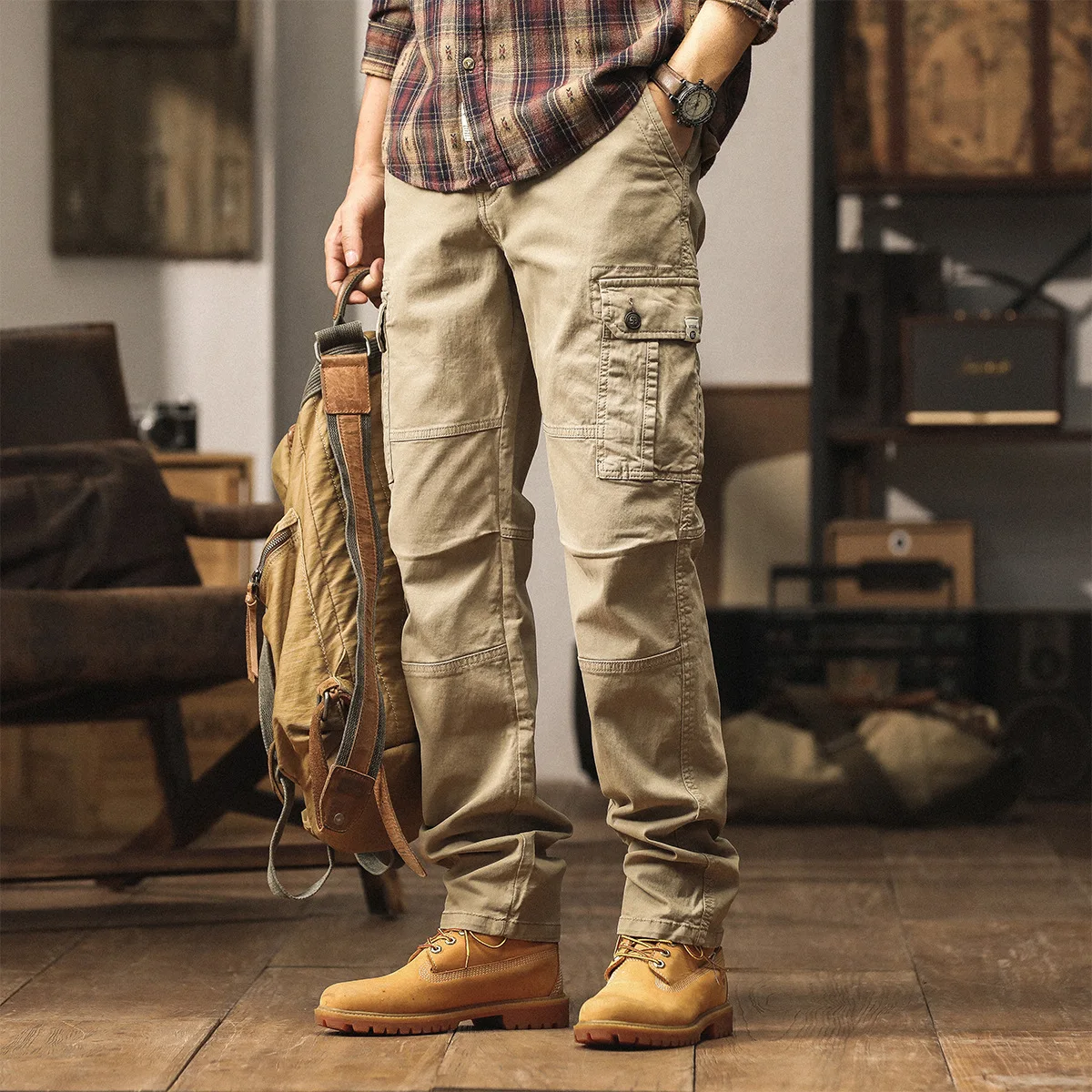 Celana Cargo Pria Musim Gugur Musim Dingin, Warna Solid Katun Ukuran Besar Elastis Kasual Trendi Sederhana Dasar untuk Aktivitas Luar Ruangan