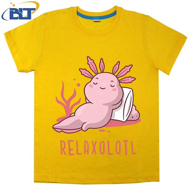 Camiseta divertida con estampado relajante axolotl para niños, tops casuales de manga corta de algodón para niños y niñas, Verano