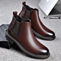 Chelsea Boots Men's Business Style Low Cut Genuine Leather One Step Smoke Pipe Elevated Soft Leather Ankle with Plush Platform