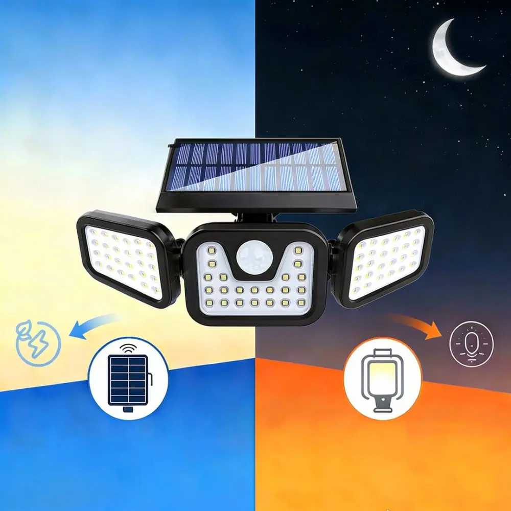 Outdoor Waterproof Solar Motion Sensor Wall Lamp Triple Head Split Light For Garden Yard Fence Security Illumination