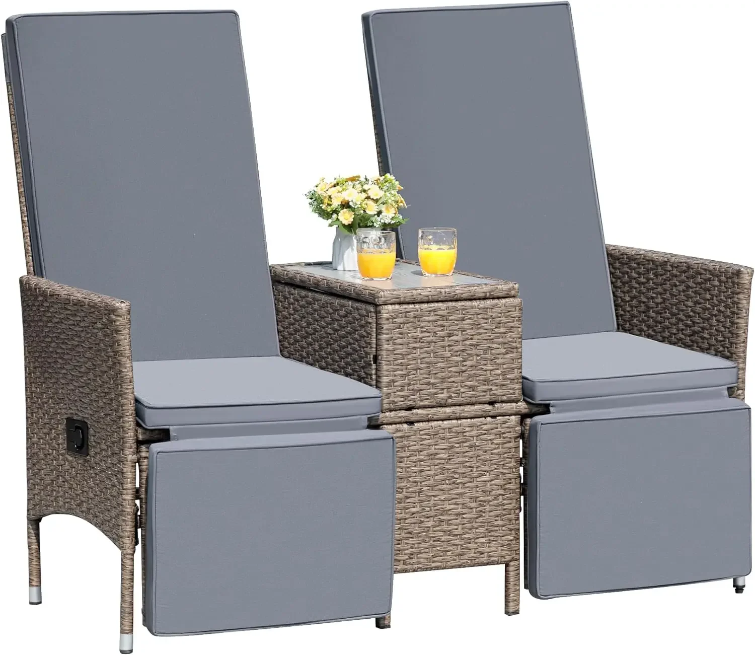 Silla reclinable para Patio, juego de conversación de mimbre con respaldo ajustable con mesa, cojín grueso, reclinables para Patio interior y exterior