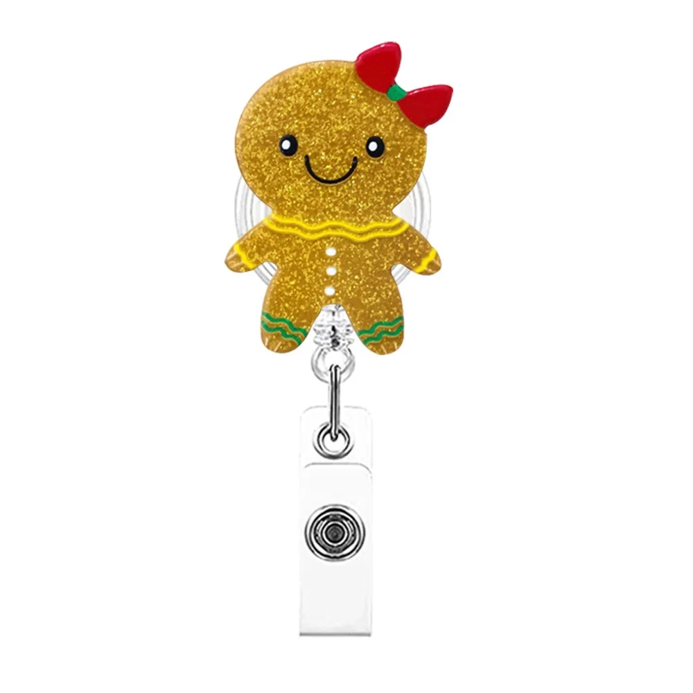 

Acrylic Christmas Badge Reel Santa Claus Gingerbread Retractable Badge Holder Xmas Decoration Glitter Shiny ID Card Holder