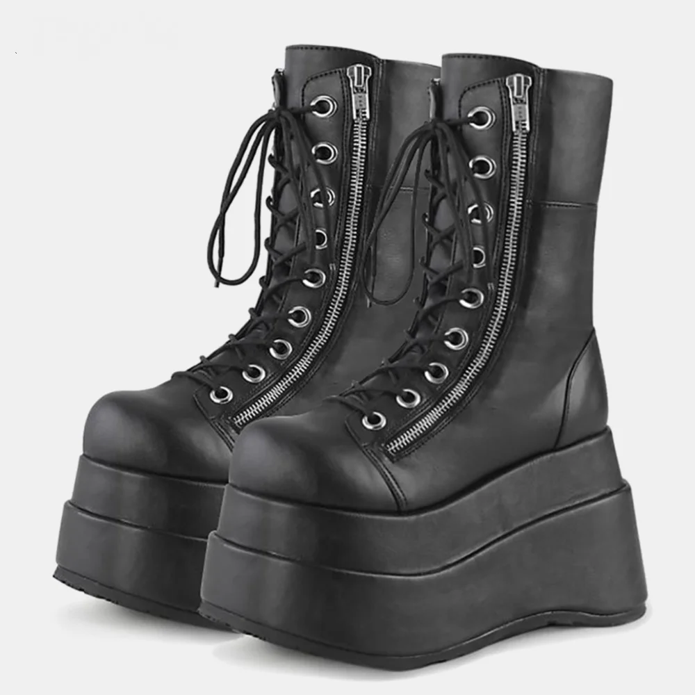 

Black Platform Wedges Mid-calf Boots Women Lace Up/ Zipper Round Toe Fashion Party Punk Style Boots 2024 Winter Warm Short Boot