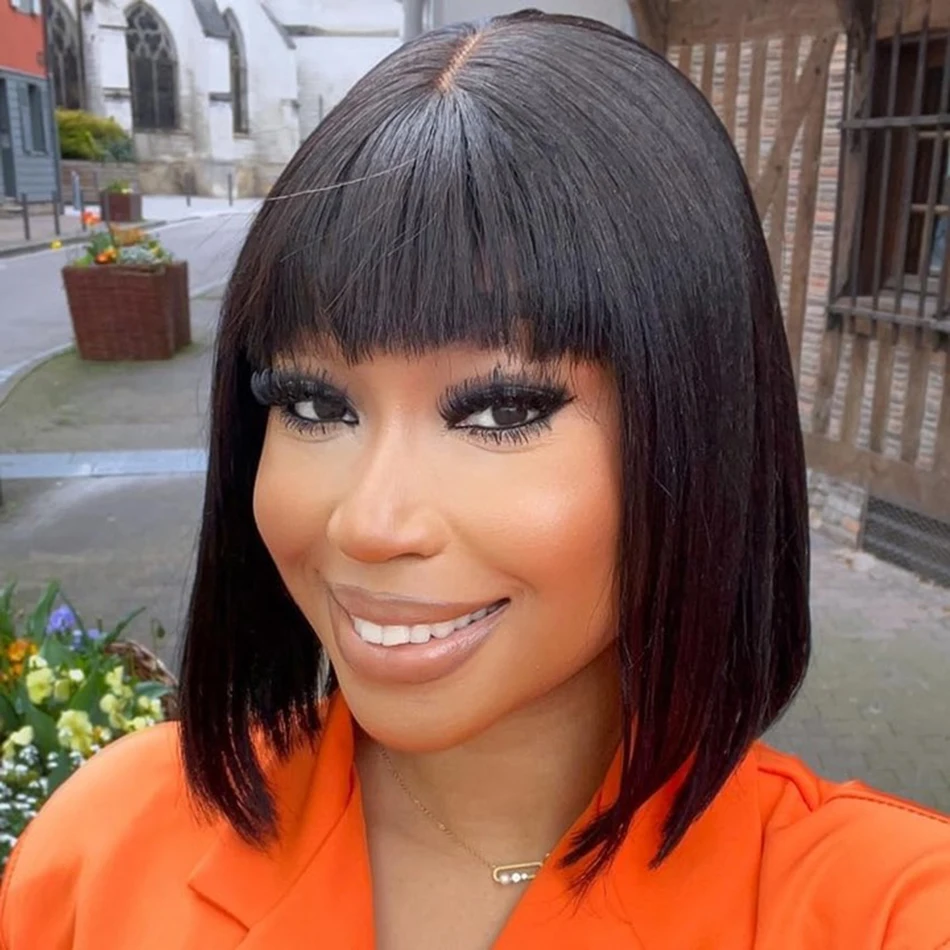 Wiggogo 3X1 Middle Part Lace Wig Bob Wigs Full Machine Made Bone Straight Human Hair Wigs With Bangs Short Bob Human Hair Wigs