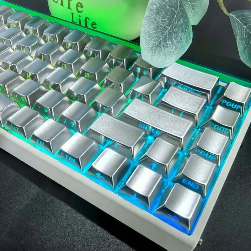

Silver Metal Texture Keycaps with Side Engraved Translucent PBT Sublimation Custom Cherry Profile Keycaps Suitable for Wooting60