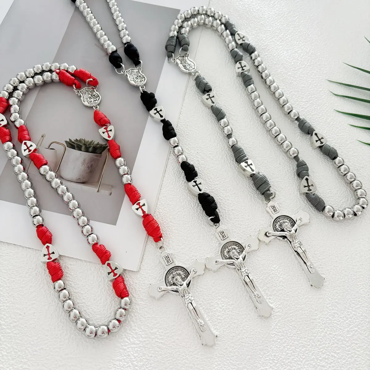 1Set Paracord Rosary with St. Benedict Crucifix Michael Medal Metal Beads - Catholic Prayer Rope Necklace Religious Gift - view 4