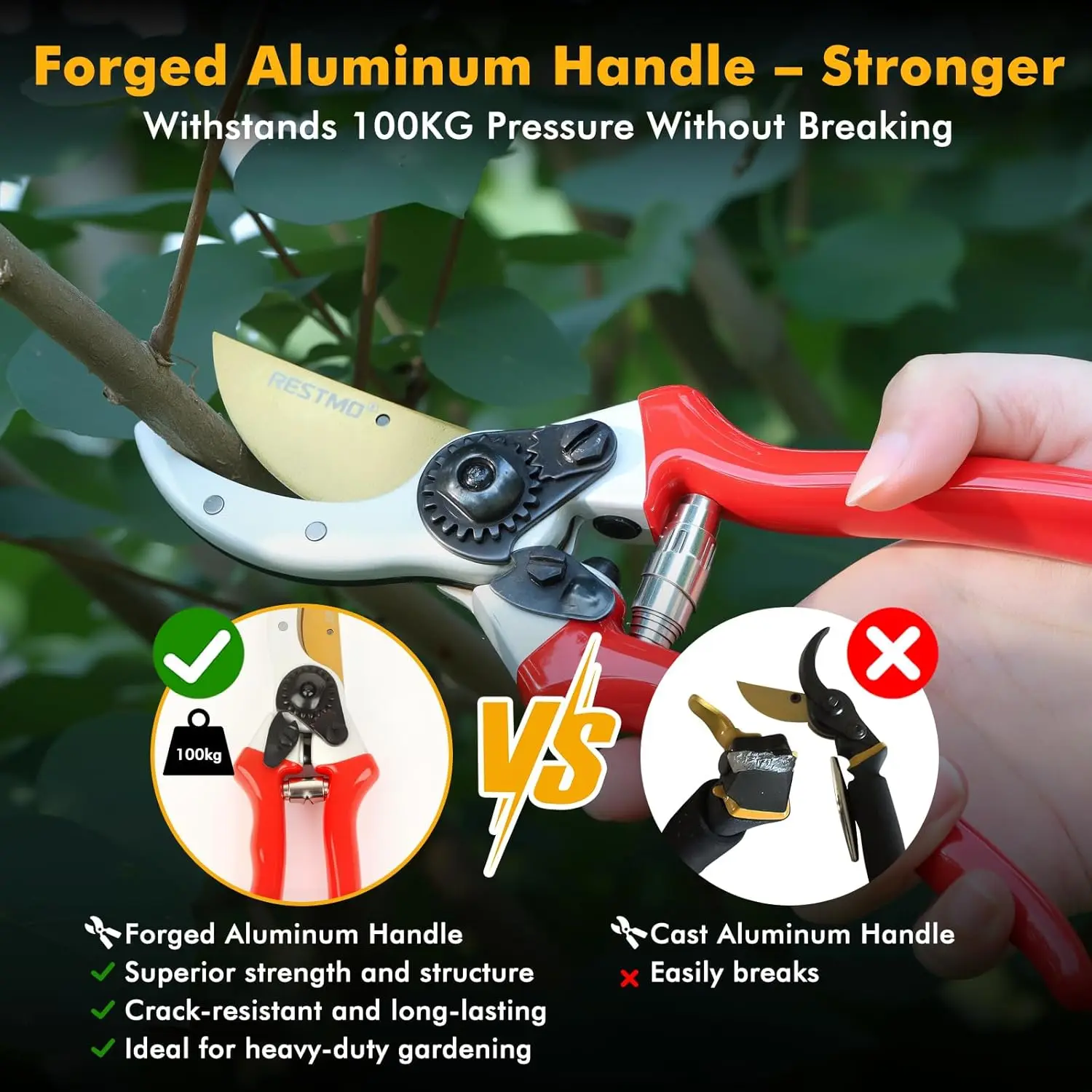 Tijeras de podar Pro de 8,6" - Hoja de acero Titanio SKS5, mangos de aluminio forjado, cortaúñas Bypass con nitidez duradera