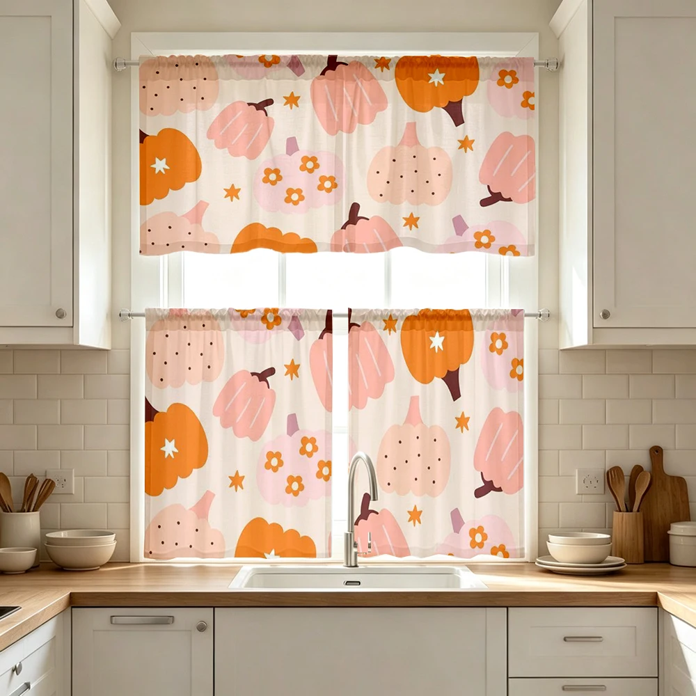 Fall Kitchen Curtains, Pink Orange Pumpkin Star Flower, Digital Print, Kitchen Dining Room, Rod Pocket Polyester, Home Decor