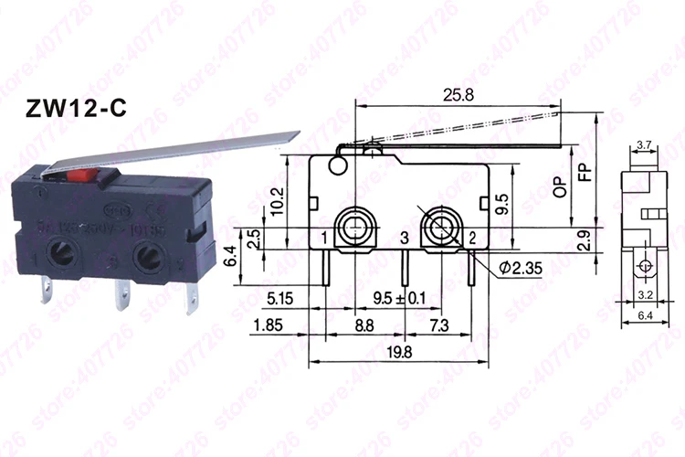 5Pcs/Lot Micro Switch 10mm x 20mm Limit Switch 3 Pin/2 Pin 5A 250VAC ZW12 Series Tact Switch On Off