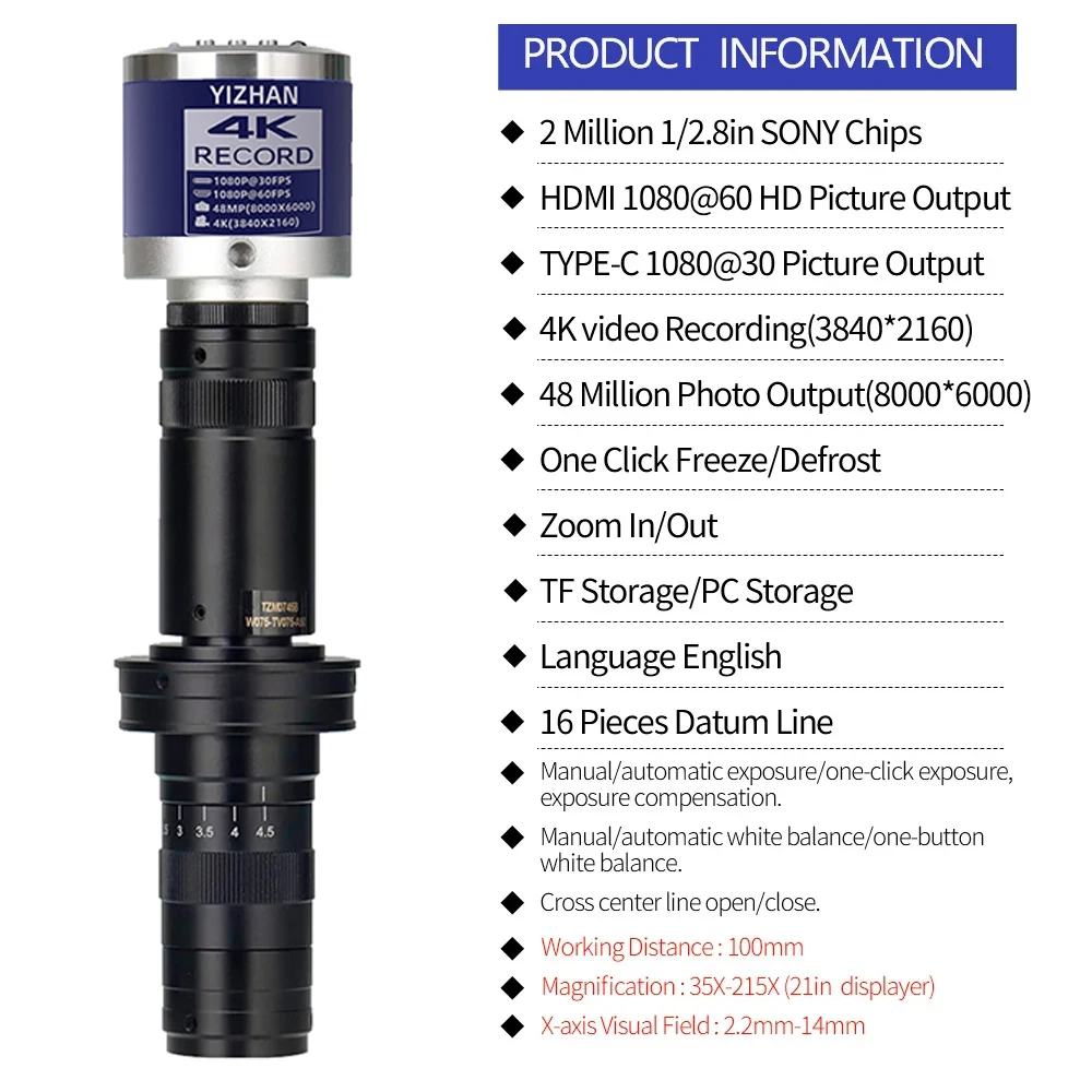Yizhan كامل 4K مجهر رقمي HDMI USB مجهر 35-215X التكبير المستمر C-Mount عدسة الترا HD المجهر لحام PCB #2