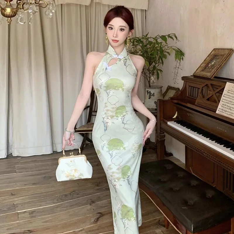 New Sleeveless Qipao Hollow Out Chinese Dress Improved Cheongsams Women Sexy Split Straps Vestidos Improved