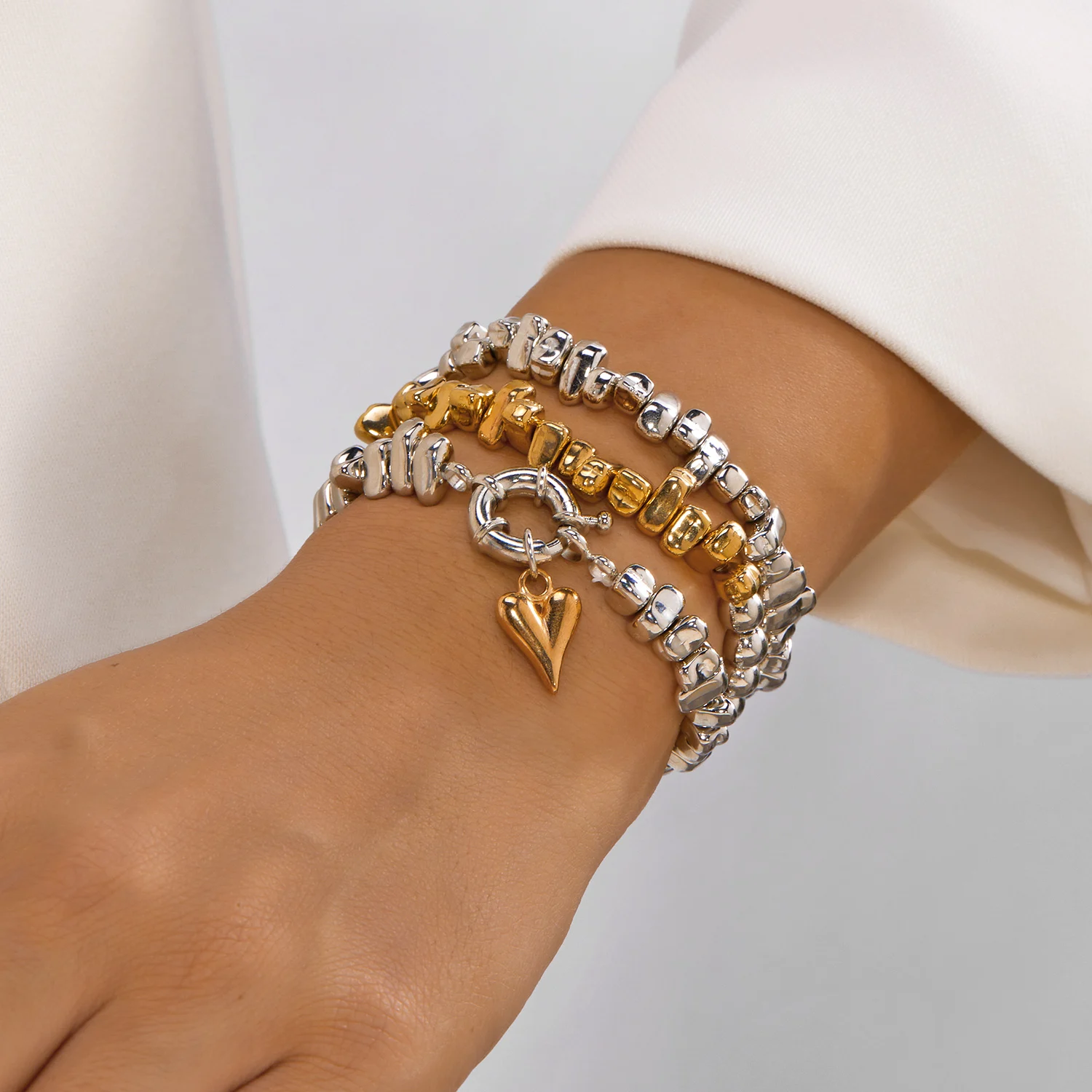 Retro Unregelmäßiges CCB-Perlen Elastisches Armband-Set für Frauen Einfaches Herzförmiges Mehrschichtiges Armband Charms Geburtstags-Schmuck – Detail 1