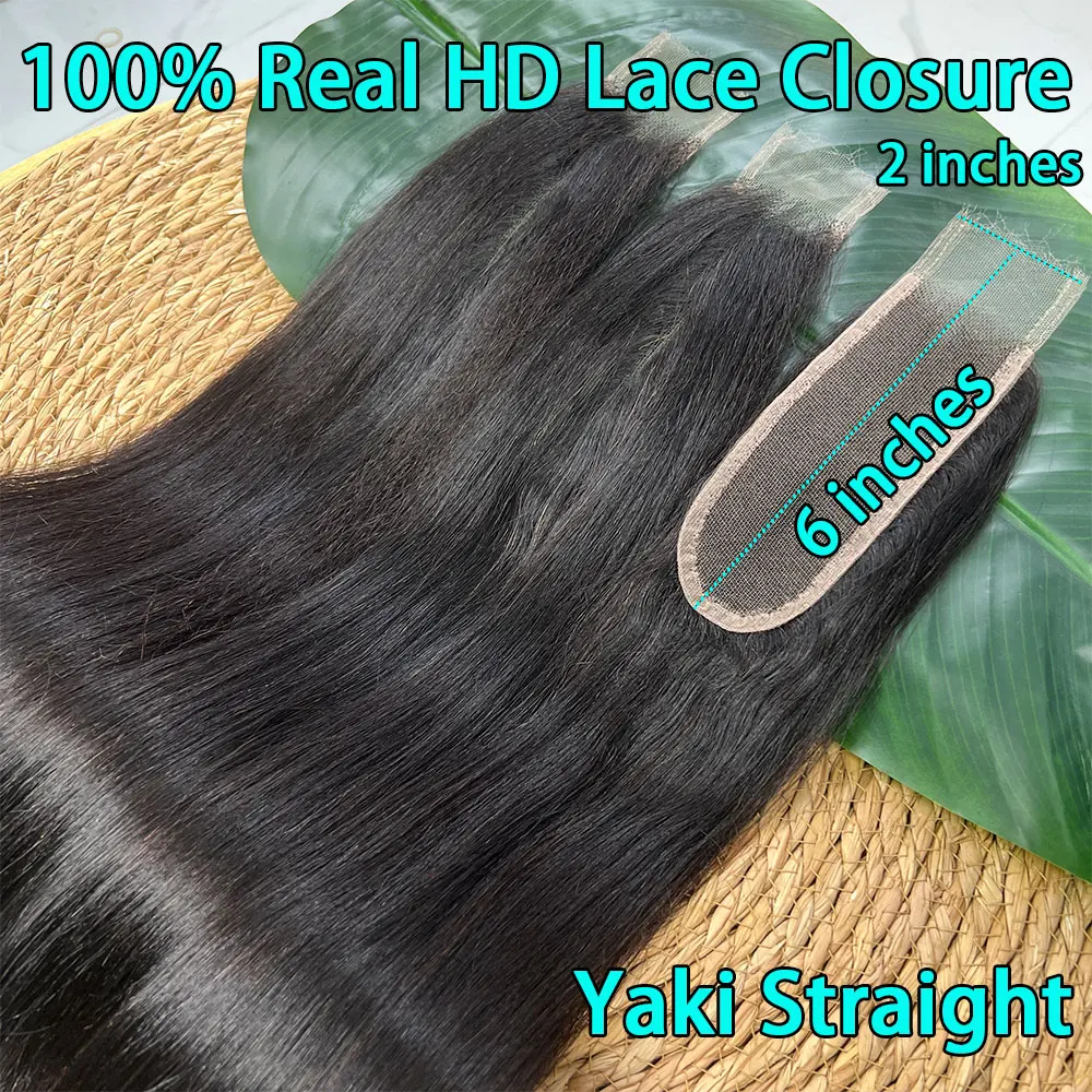 Light Yaki Straight 100% Real HD Lace Closure 2x6 Deep Parting HD Lace Human Hair Closures Hair Pre Plucked Hair