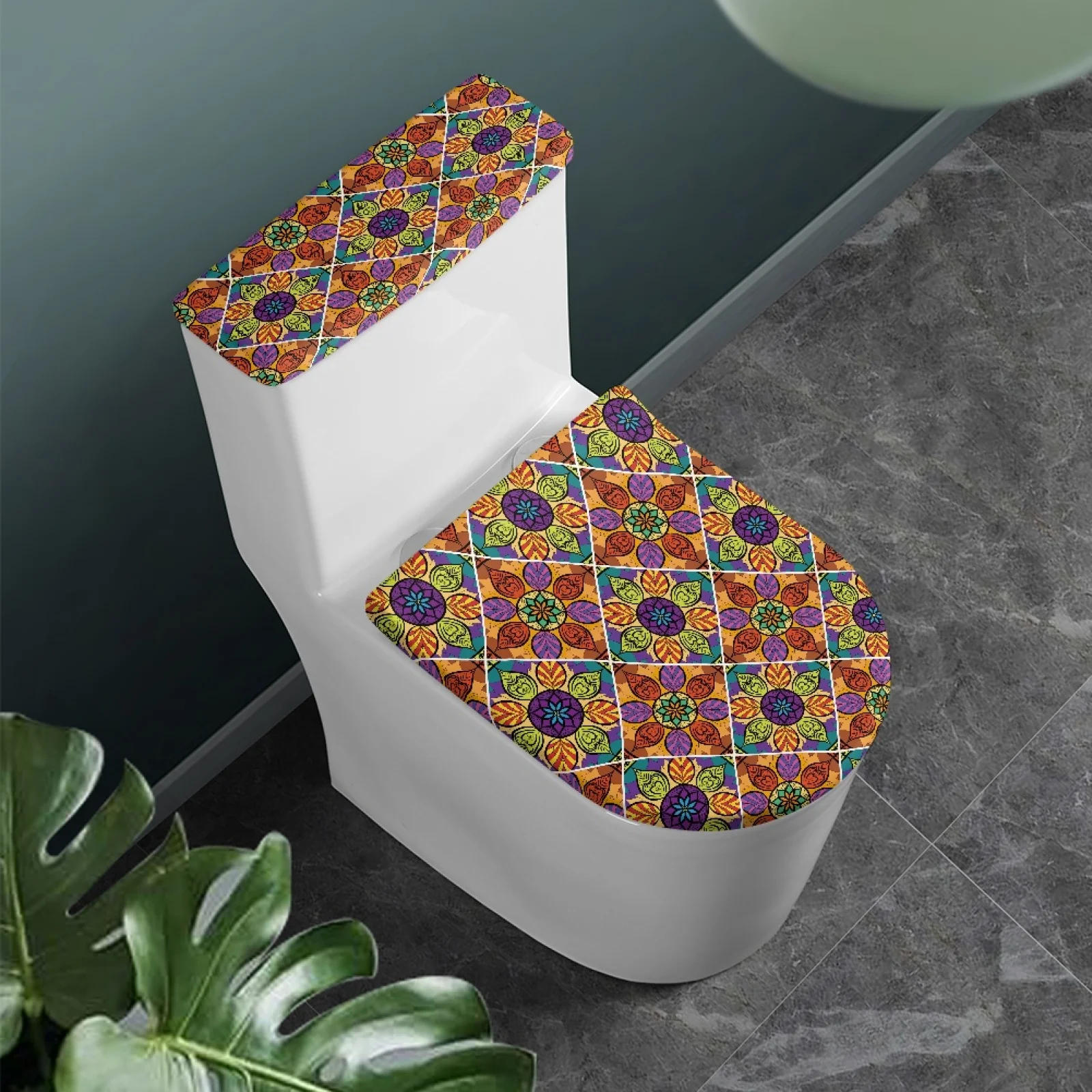 Toilet Cover Set for Bathroom Cute Mandala Pattern Toilet Cover Protector Tank Dust Cover with Elastic Edge Toilet Accessories