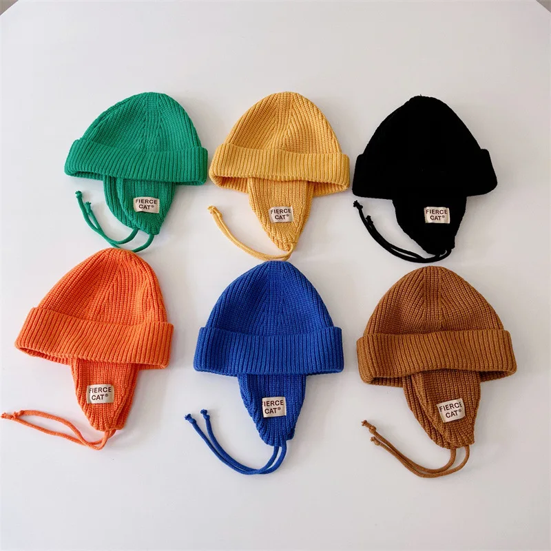 

Autumn Winter Baby Earmuffs Warm Beanies Fashion Newborn Girl Windproof Knitted Cap Boy Infant Solid Coldproof Patch Letter Hat