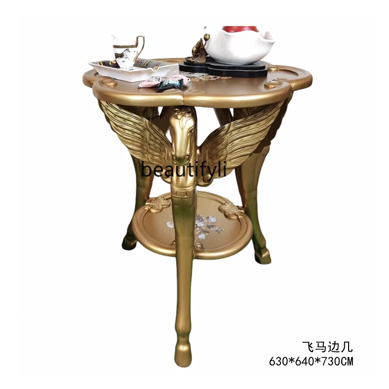 European and American Style Retro Furnishings Mahogany Carved Champagne Gold Decals Side Table Flower Stand