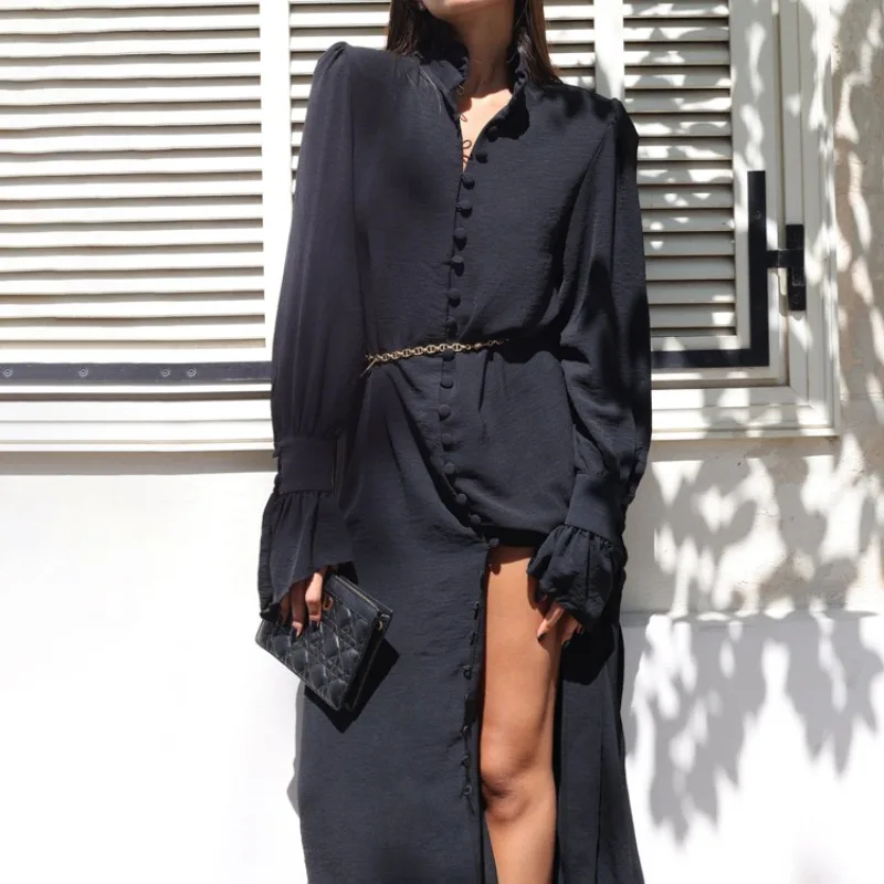 

Women's Shirt Dress Spring Solid Women's High Waist Standing Neck French Casual Button Cardigan Bottom Split Flare Sleeve Dress