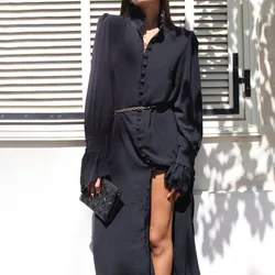 Women's Shirt Dress Spring Solid Women's High Waist Standing Neck French Casual Button Cardigan Bottom Split Flare Sleeve Dress