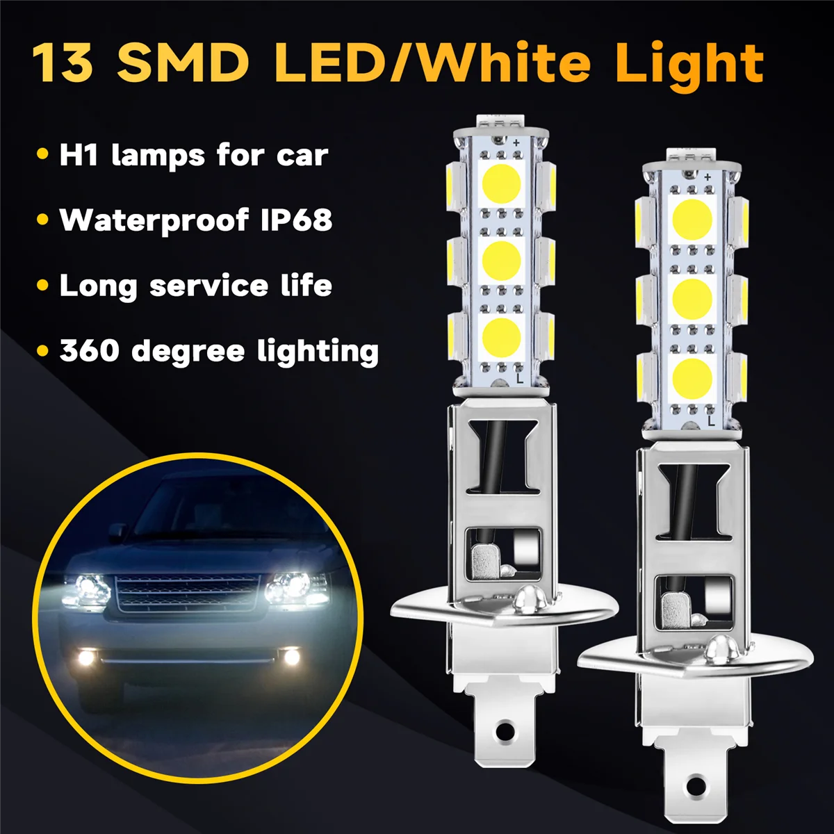白い自動ヘッドライトランプ,SMD 5050 LEDチップ,H1, 13, 2個