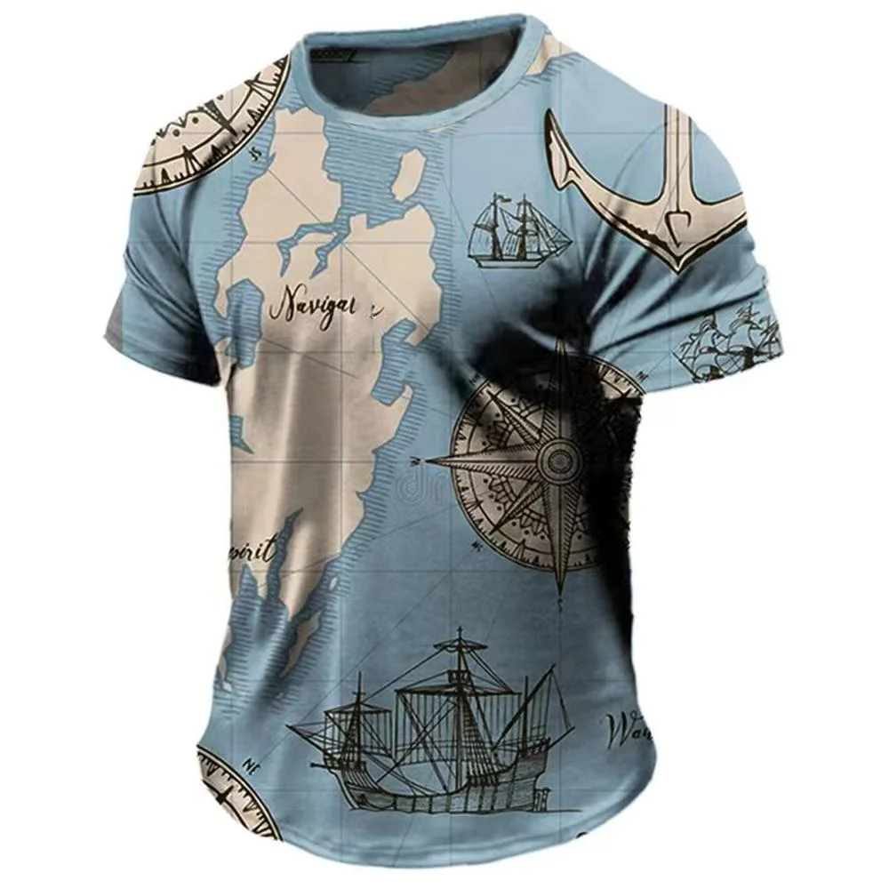 Mens T-shirt vintage nautical world map sailing ship compass anchor full print short sleeve crew neck ocean casual street top
